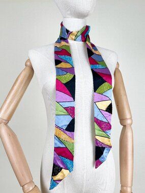 Vintage 100% Silk 90s Y2K Beaded Skinny Scarf Funky Fun Playful 1990's 2000's